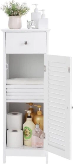 Songmics Badkamermeubel, Badkamermeubel, Zijkast, Nachtkastje Met Lade En Lamellaire Deur, Badkamer, Gang, Slaapkamer, 32 X 87 X 30 Cm, Wit BBC43WT 13 Songmics Badkamermeubel, Badkamermeubel, Zijkast, Nachtkastje Met Lade En Lamellaire Deur, Badkamer, Gang, Slaapkamer, 32 X 87 X 30 Cm, Wit BBC43WT -Badkamer Producten Winkel 534x1200