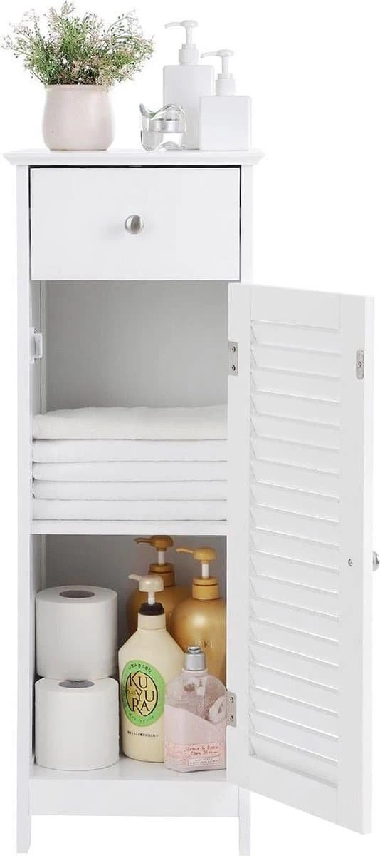 Songmics Badkamermeubel, Badkamermeubel, Zijkast, Nachtkastje Met Lade En Lamellaire Deur, Badkamer, Gang, Slaapkamer, 32 X 87 X 30 Cm, Wit BBC43WT 8 Songmics Badkamermeubel, Badkamermeubel, Zijkast, Nachtkastje Met Lade En Lamellaire Deur, Badkamer, Gang, Slaapkamer, 32 X 87 X 30 Cm, Wit BBC43WT - Afbeelding 6