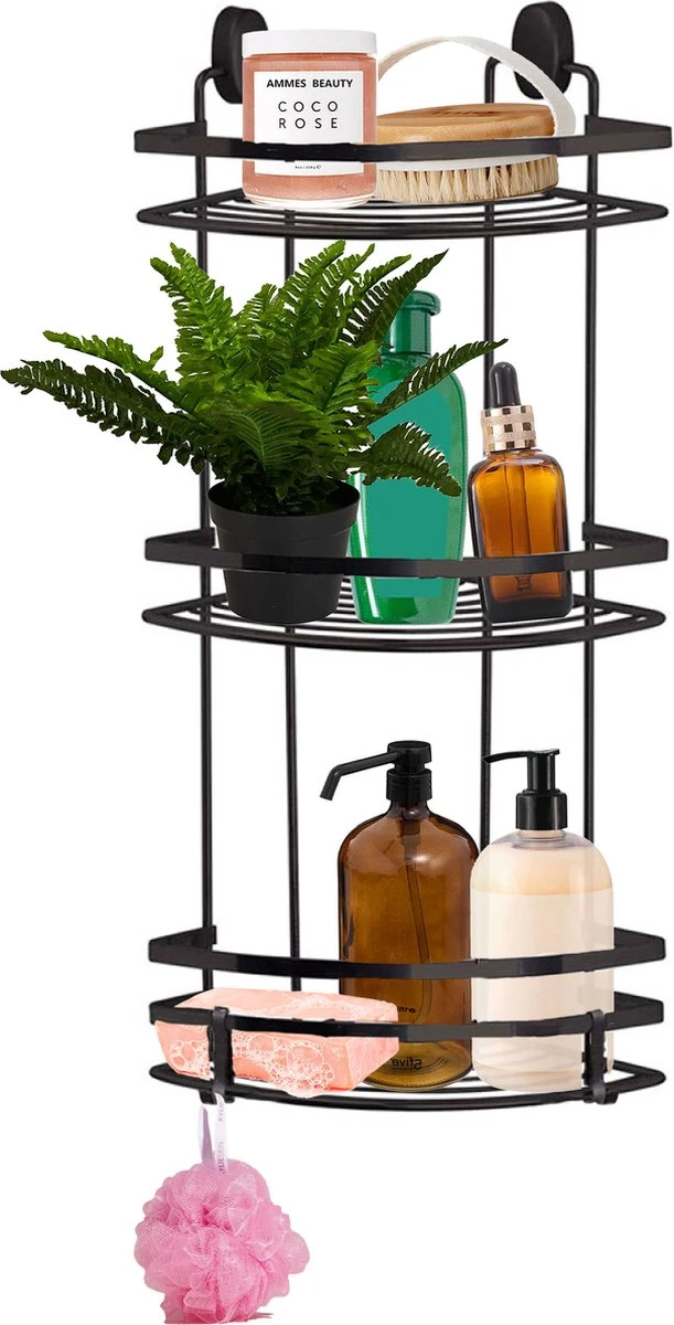 Concorde - Doucherekje Met Haakjes Hoek Model 3-laags - Zwart - H50 Cm 3 Concorde - Doucherekje Met Haakjes Hoek Model 3-laags - Zwart - H50 Cm