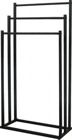 MIRI Handdoekrek – Handdoekhouder – Vrijstaand – Zwart – Staand – Metaal – 3 Rails – Zonder Boren – Badkamer / Keuken
