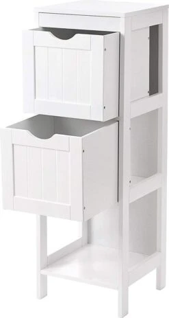 Staand Houten Badkamerkastje Met 2 Te Benutten Schuiflades - Vrijstaand Kastje Voor Badkamer Met Twee Lades - 30x30x89cm - Wit -Badkamer Producten Winkel 640x1200 2