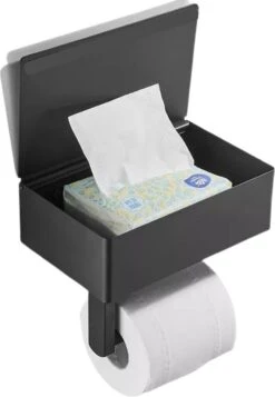 WC Rolhouder - Toiletrolhouder - Zwart - RVS - Zonder Boren - Met Plankje & Bakje - Inclusief Montagemateriaal - Toilet Accessoires - EJC Products