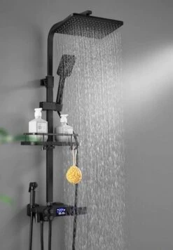 Merkloos Compleet Douchesysteem | ABS Doucheset | Mat Zwarte Hoofddouche En Handdouche | Vierkante Regendouche Voor Badkamer | Verstelbaar | Temperatuur Display | 360° Draaibaar -Badkamer Producten Winkel 833x1200