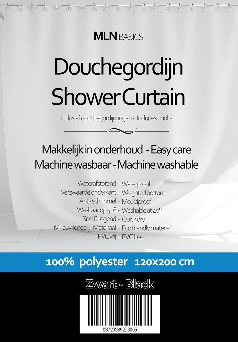 MLN Basics® Douchegordijn | Zwart | 120x200 Cm | Inclusief Ringen | Anti-schimmel 7 MLN Basics® Douchegordijn | Zwart | 120x200 Cm | Inclusief Ringen | Anti-schimmel - Afbeelding 5