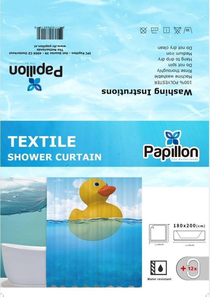 Merkloos Papillon Douchegordijn Met Badeend Print - Textiel 180x200 Cm. 4 Merkloos Papillon Douchegordijn Met Badeend Print - Textiel 180x200 Cm. - Afbeelding 2