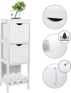Staand Houten Badkamerkastje Met 2 Te Benutten Schuiflades - Vrijstaand Kastje Voor Badkamer Met Twee Lades - 30x30x89cm - Wit -Badkamer Producten Winkel 921x1200