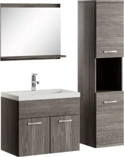Badplaats Badkamermeubel Set Montreal 60 Cm X 35 Cm - Grijs Eiken - Badmeubel Met Spiegel En Zijkast